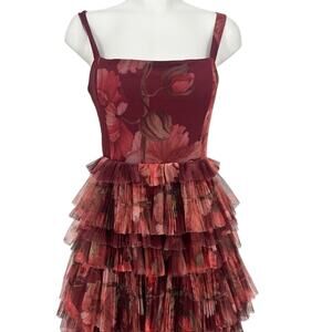 Hutch Fairy Floral Burgundy Tiered Tulle Maxi Dress 12 Prom Formal Whimsical